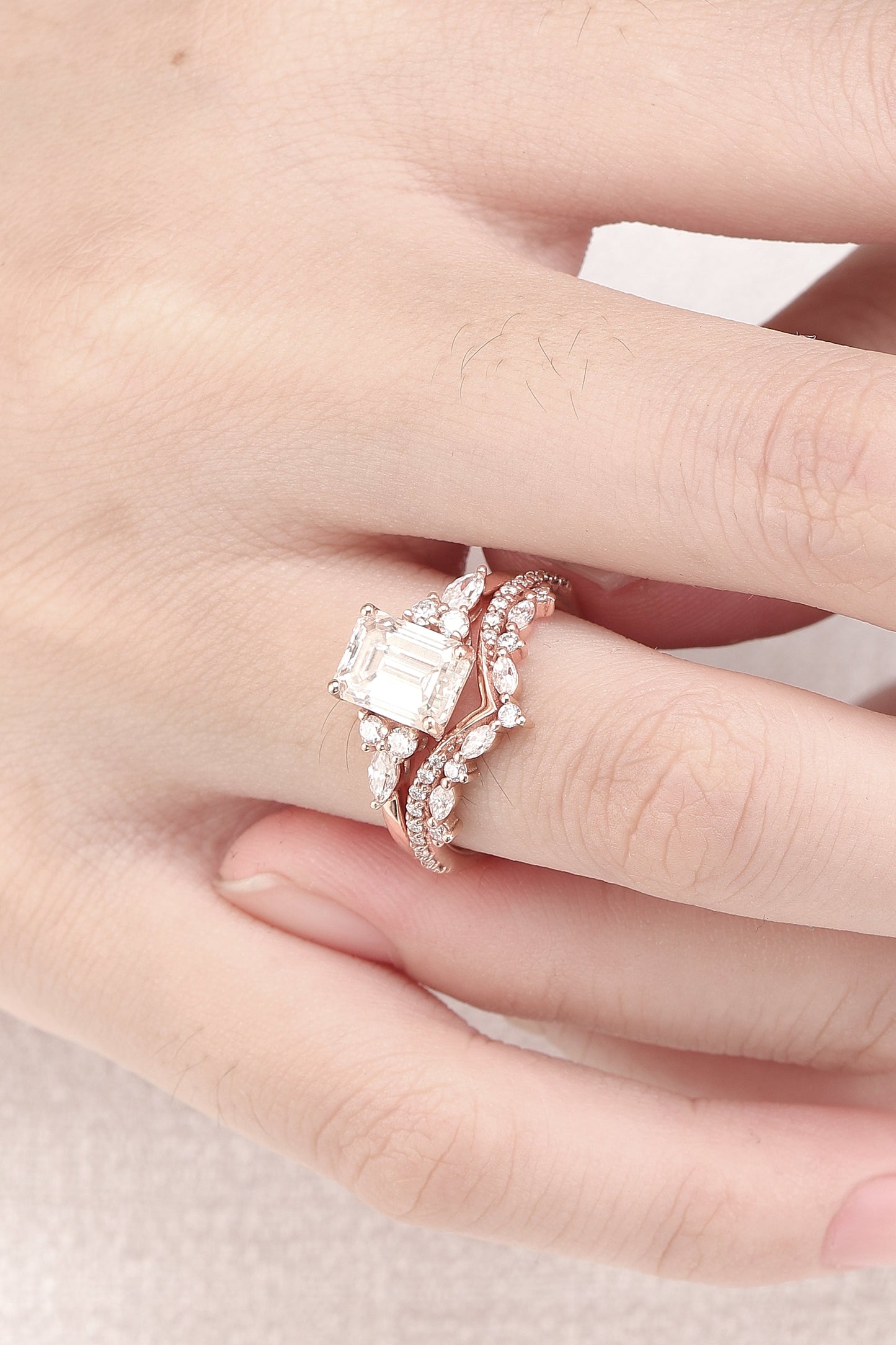 Unique Emerald Cut Moissanite Cluster Gemstone Ring Set 2Pcs