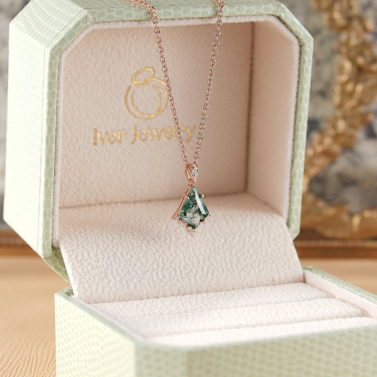 Unique Kite Cut Moss Agate Moissanite Necklace