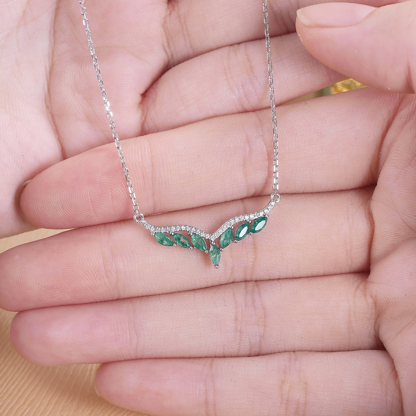 Unique Marquise Cut Moss Agate Angel Wings Pendant