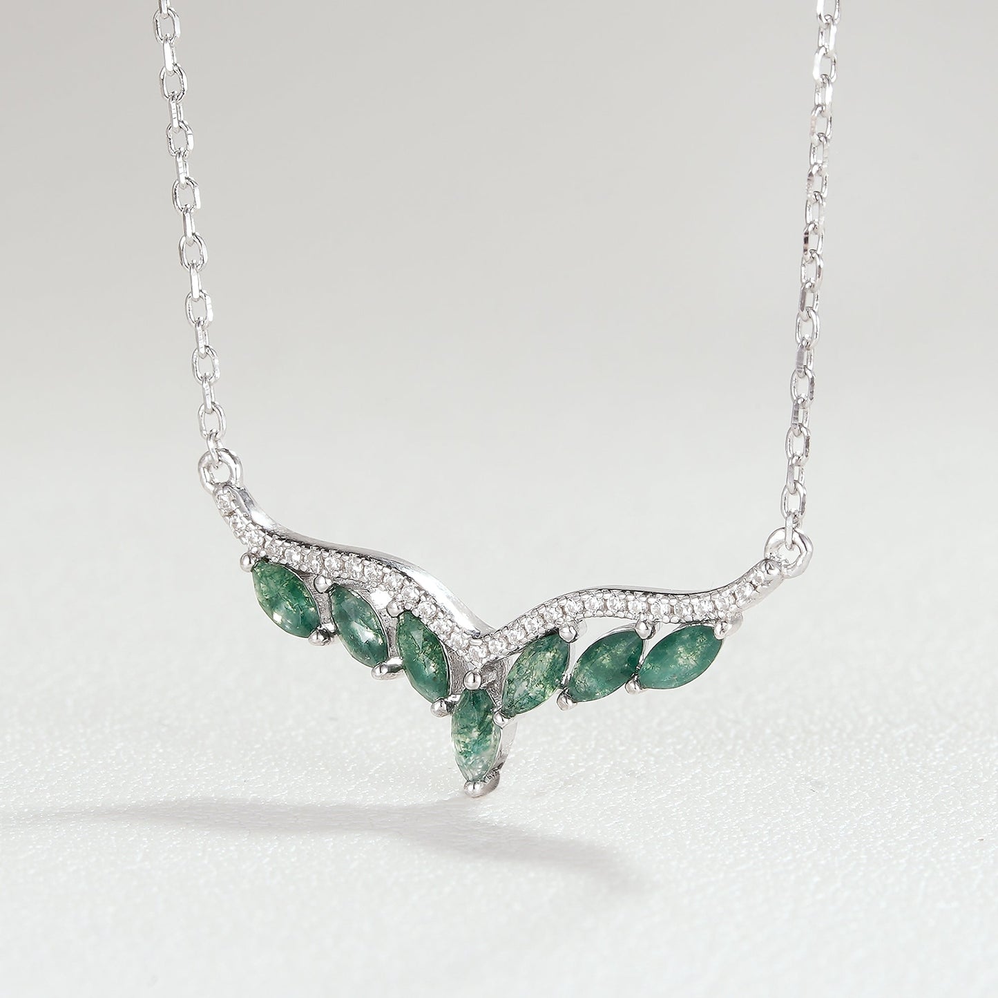 Unique Marquise Cut Moss Agate Angel Wings Pendant