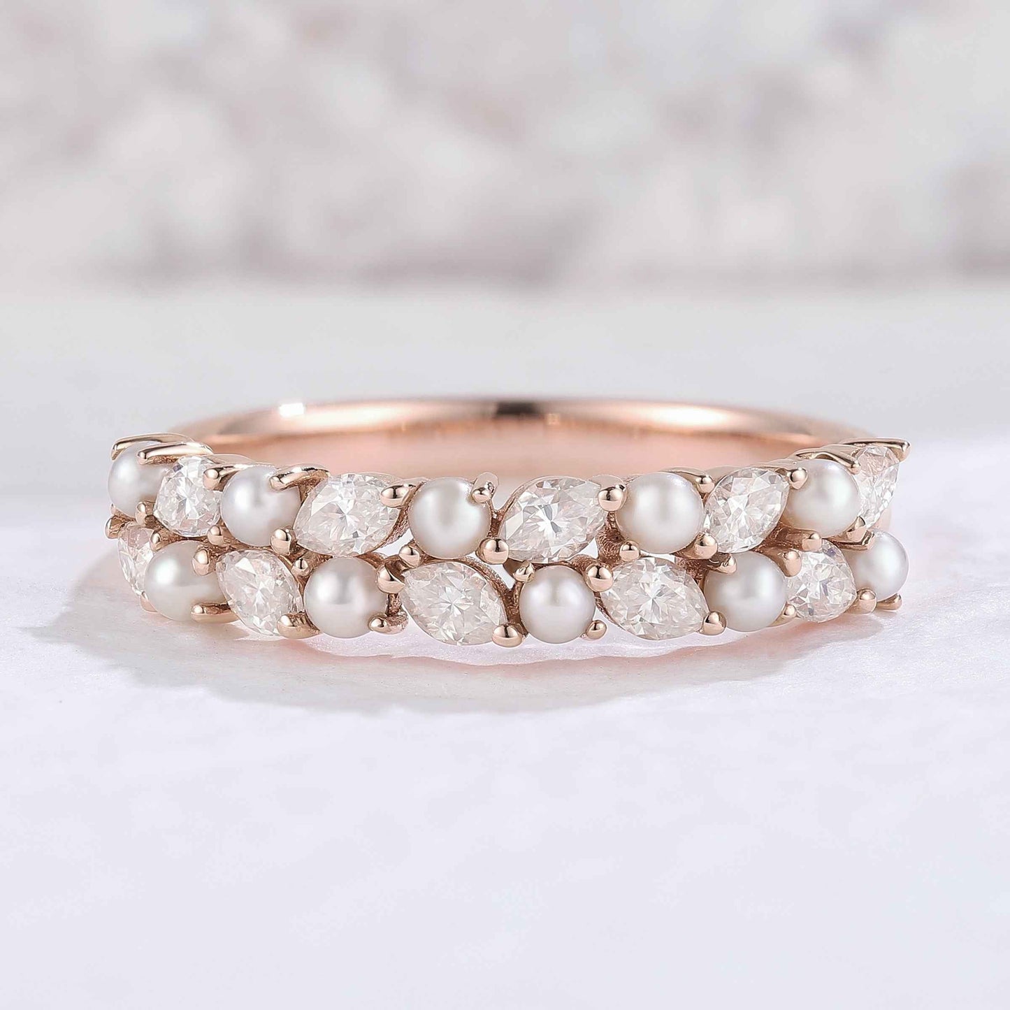 Unique Marquise Shaped Miossanite Pearl Half Enternity Stacking Ring