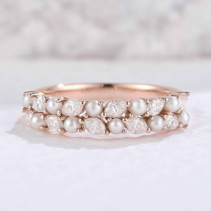 Unique Marquise Shaped Miossanite Pearl Half Enternity Stacking Ring