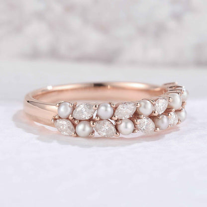 Unique Marquise Shaped Miossanite Pearl Half Enternity Stacking Ring
