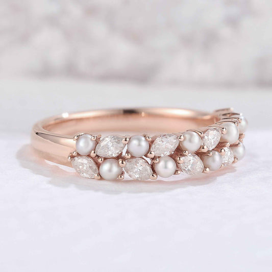 Unique Marquise Shaped Miossanite Pearl Half Enternity Stacking Ring
