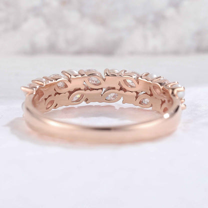 Unique Marquise Shaped Miossanite Pearl Half Enternity Stacking Ring