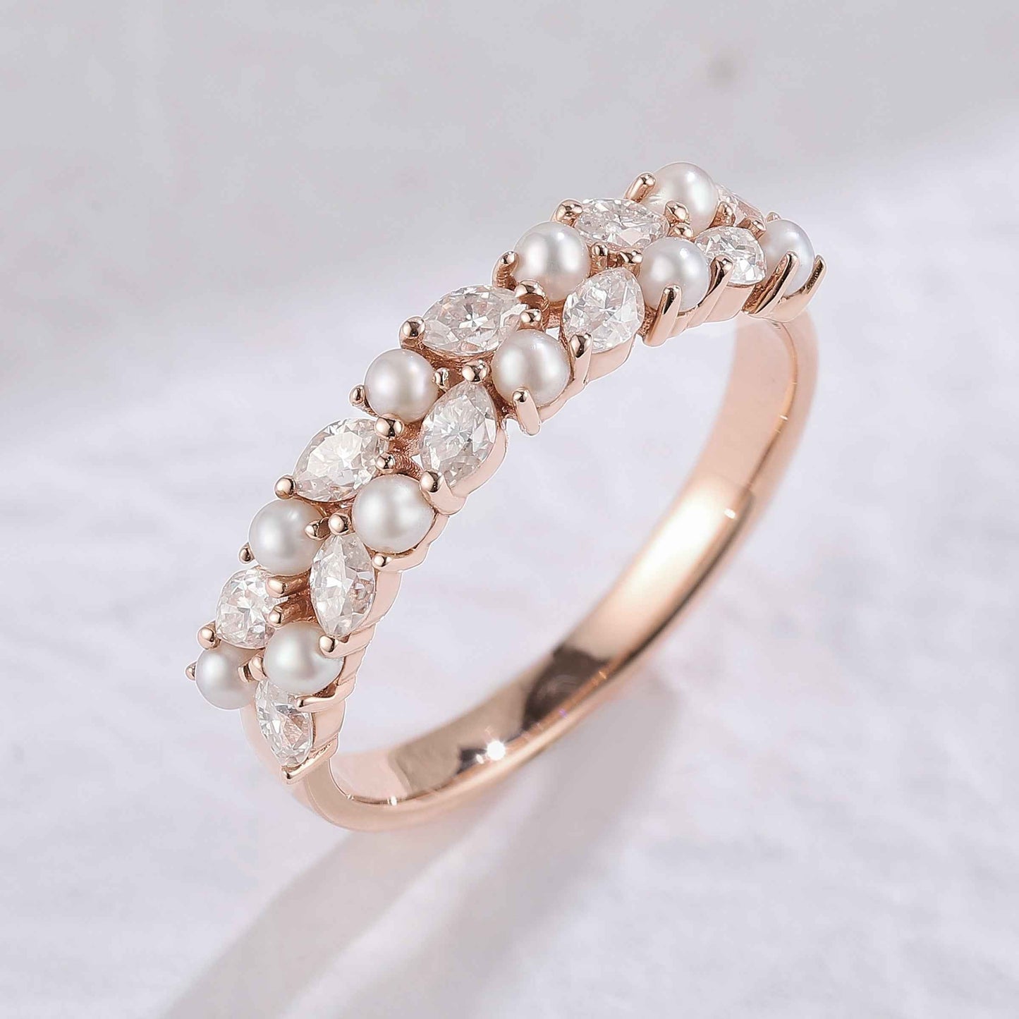 Unique Marquise Shaped Miossanite Pearl Half Enternity Stacking Ring