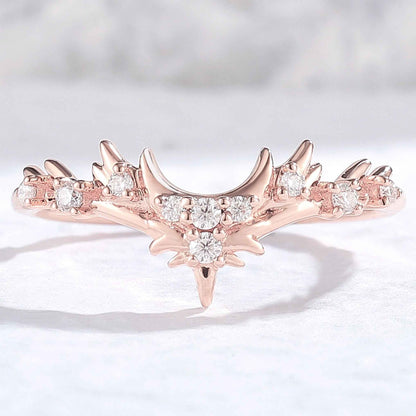 Unique Moissanite Antlers and Moon Style Silver Stacking Ring