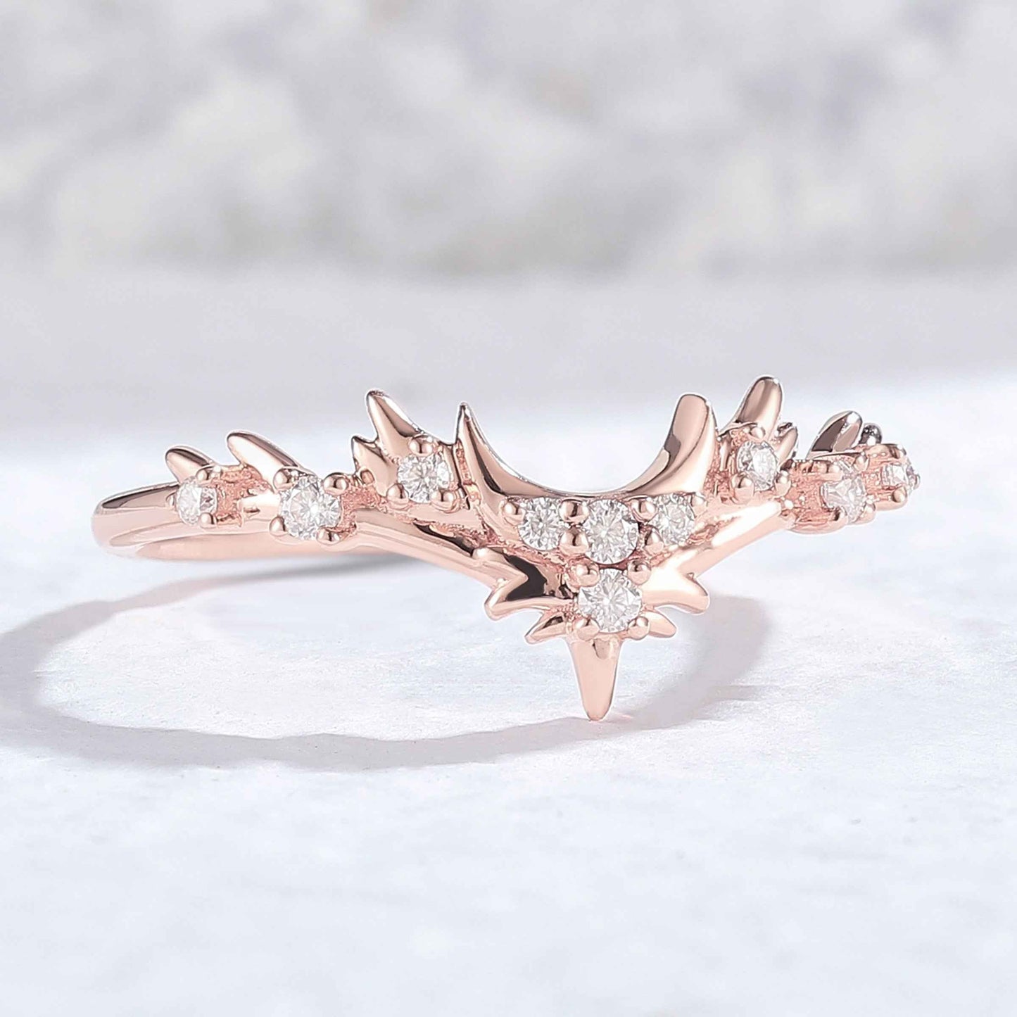 Unique Moissanite Antlers and Moon Style Silver Stacking Ring