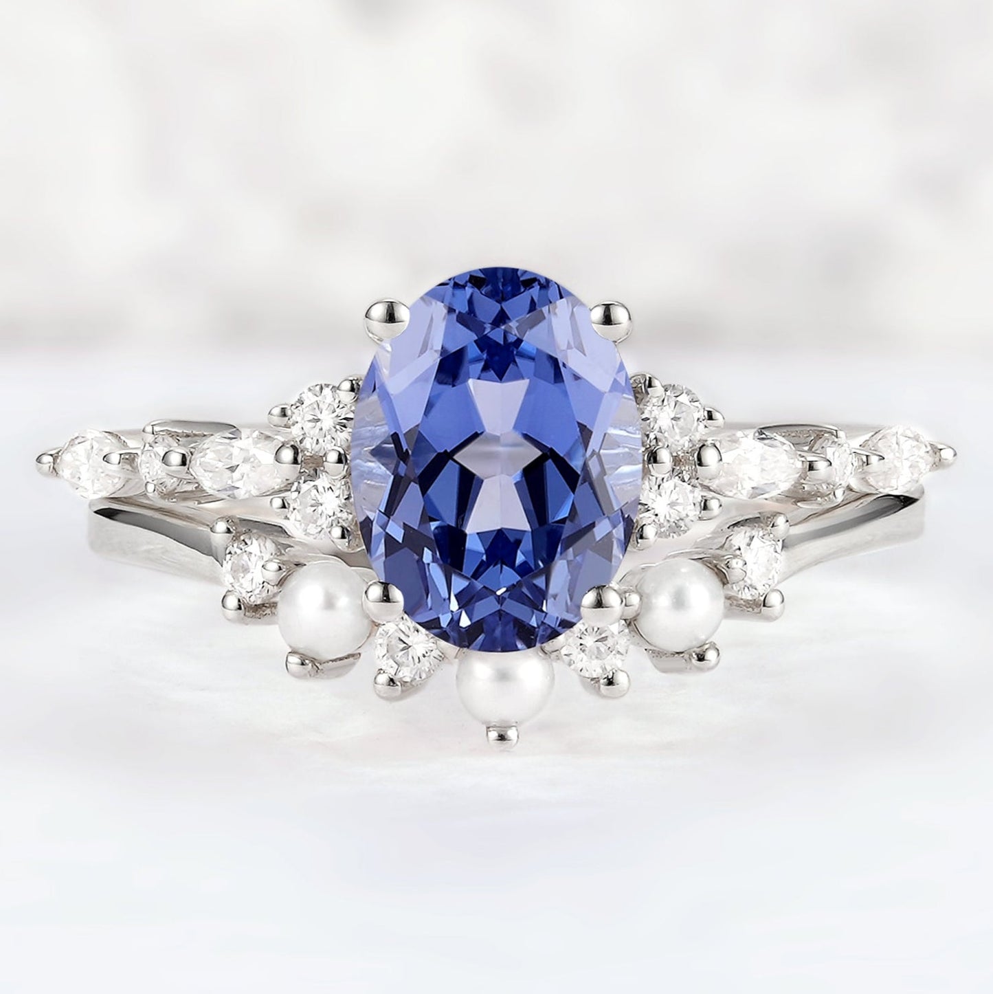 Cluster Oval Cut Cornflower Sapphire Gemstone Ring set 2pcs