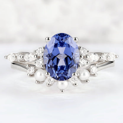 Cluster Oval Cut Cornflower Sapphire Gemstone Ring set 2pcs