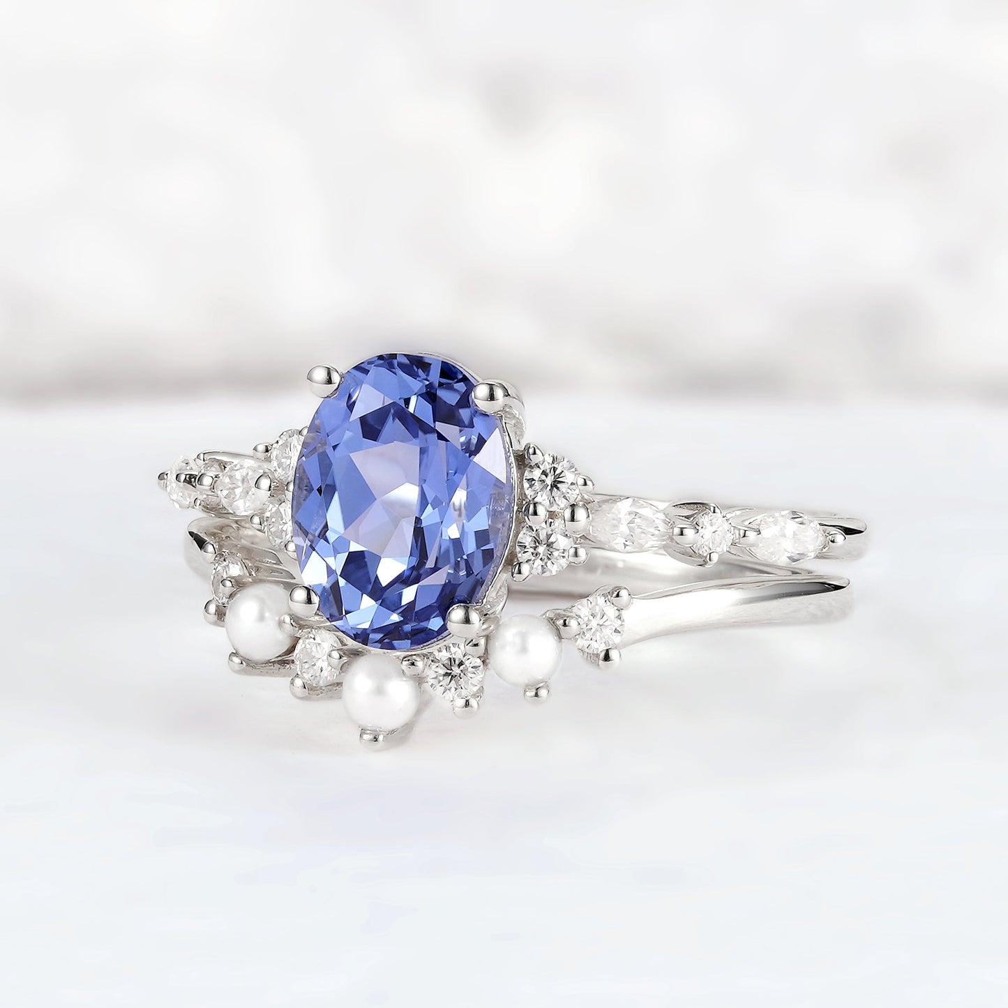 Cluster Oval Cut Cornflower Sapphire Gemstone Ring set 2pcs