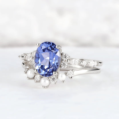 Cluster Oval Cut Cornflower Sapphire Gemstone Ring set 2pcs