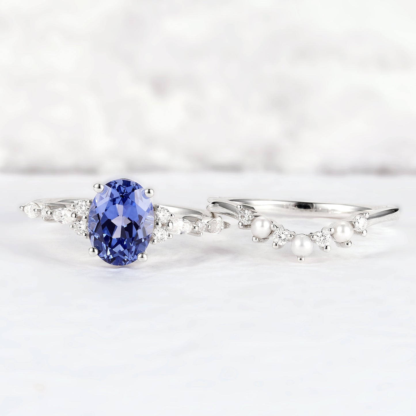 Cluster Oval Cut Cornflower Sapphire Gemstone Ring set 2pcs