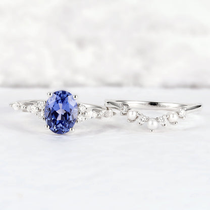 Cluster Oval Cut Cornflower Sapphire Gemstone Ring set 2pcs