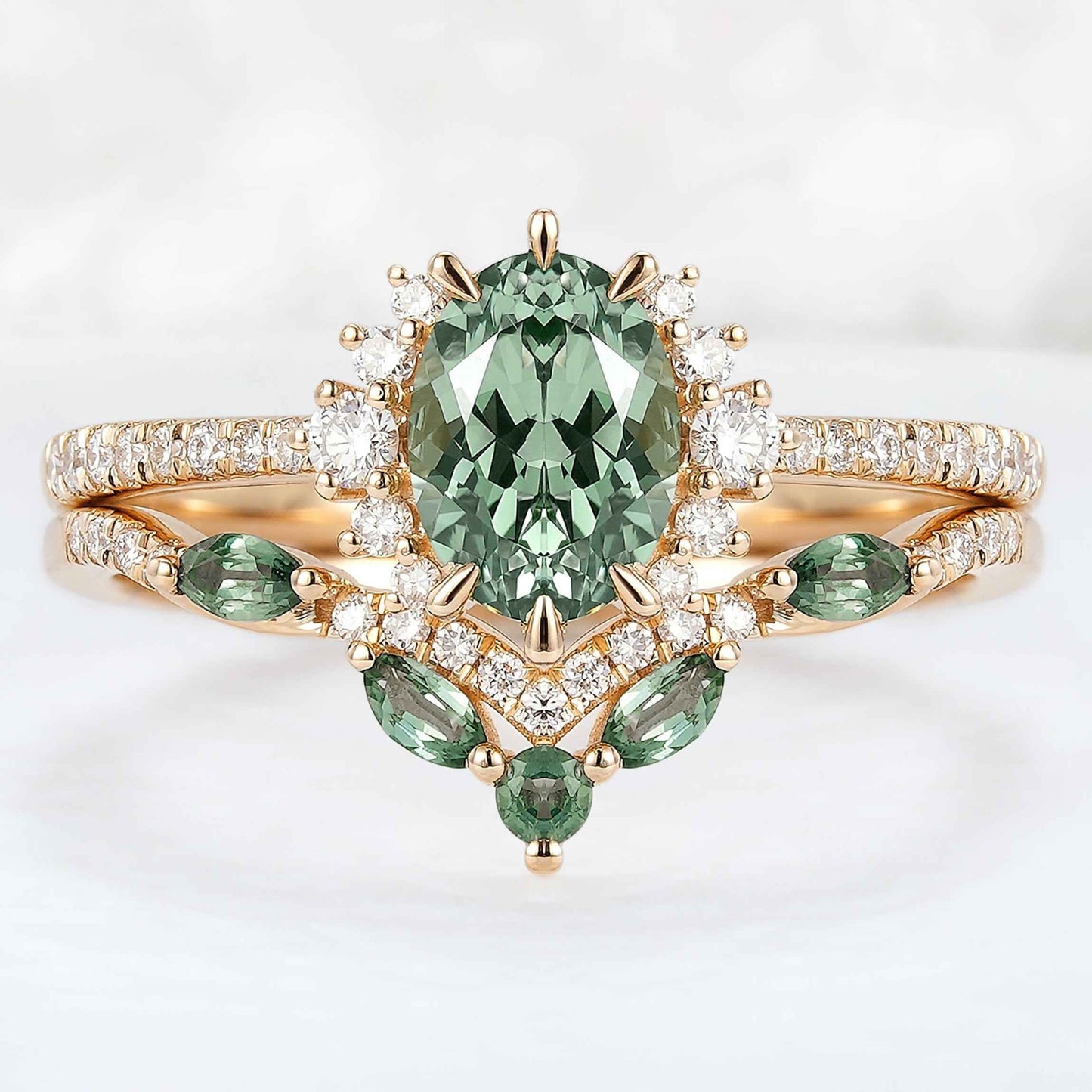 Unique Oval Cut Lab Green Sapphire and Lab Diamond Half Enternity Ring Set 2pcs