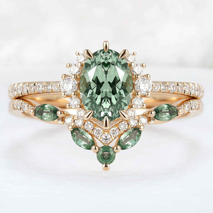Unique Oval Cut Lab Green Sapphire and Lab Diamond Half Enternity Ring Set 2pcs