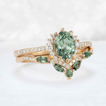 Unique Oval Cut Lab Green Sapphire and Lab Diamond Half Enternity Ring Set 2pcs
