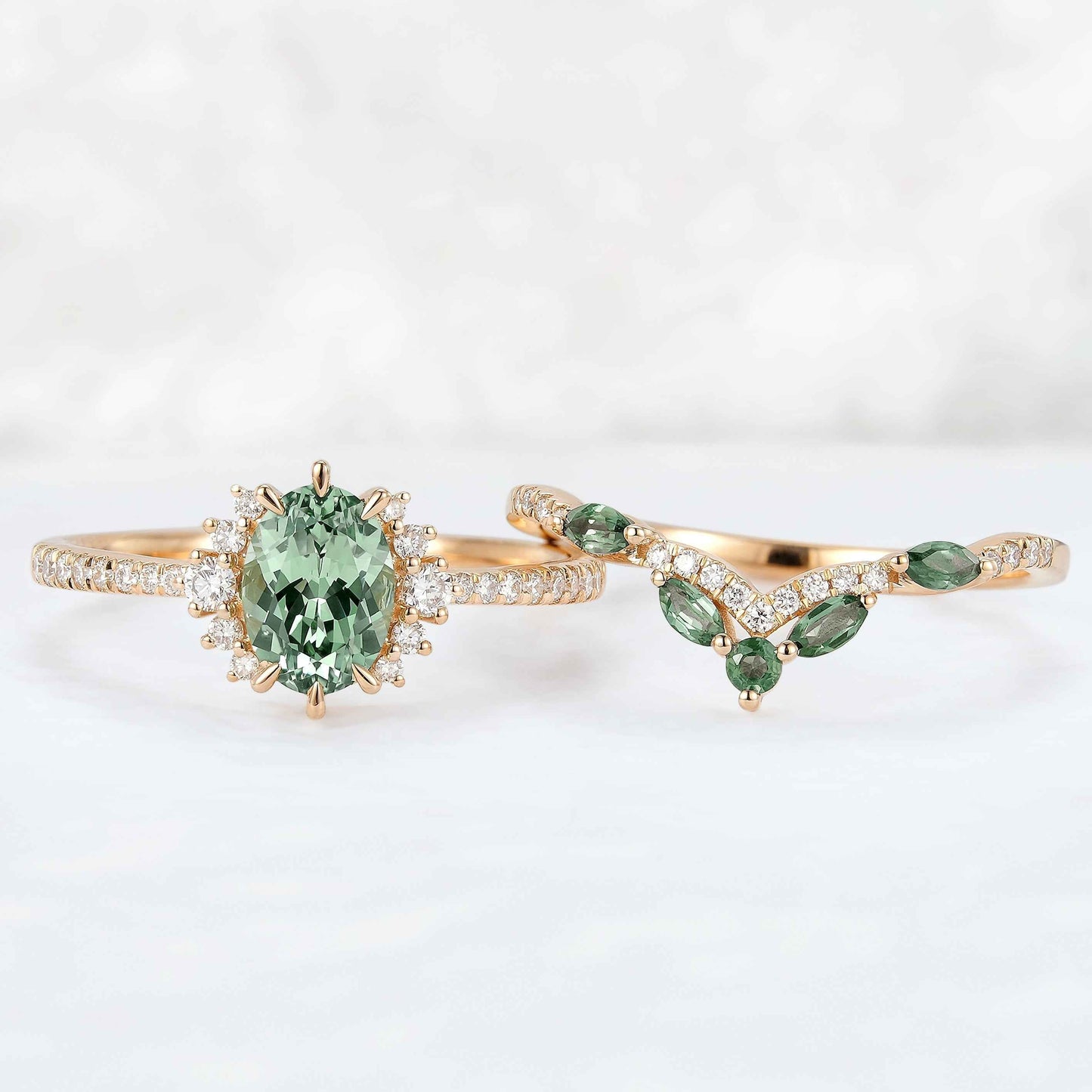 Unique Oval Cut Lab Green Sapphire and Lab Diamond Half Enternity Ring Set 2pcs