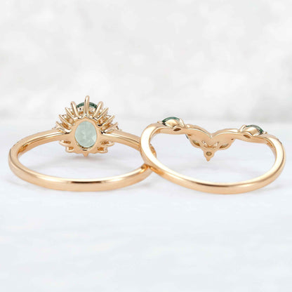 Unique Oval Cut Lab Green Sapphire and Lab Diamond Half Enternity Ring Set 2pcs