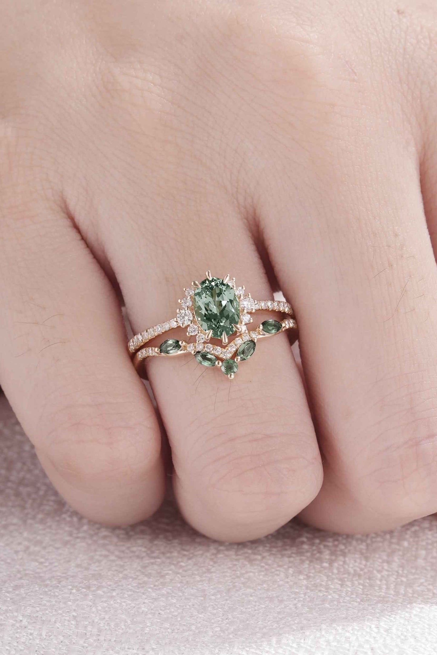 Unique Oval Cut Lab Green Sapphire and Lab Diamond Half Enternity Ring Set 2pcs