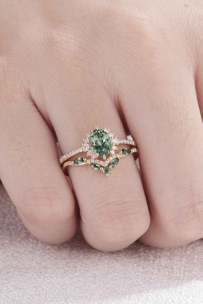 Unique Oval Cut Lab Green Sapphire and Lab Diamond Half Enternity Ring Set 2pcs