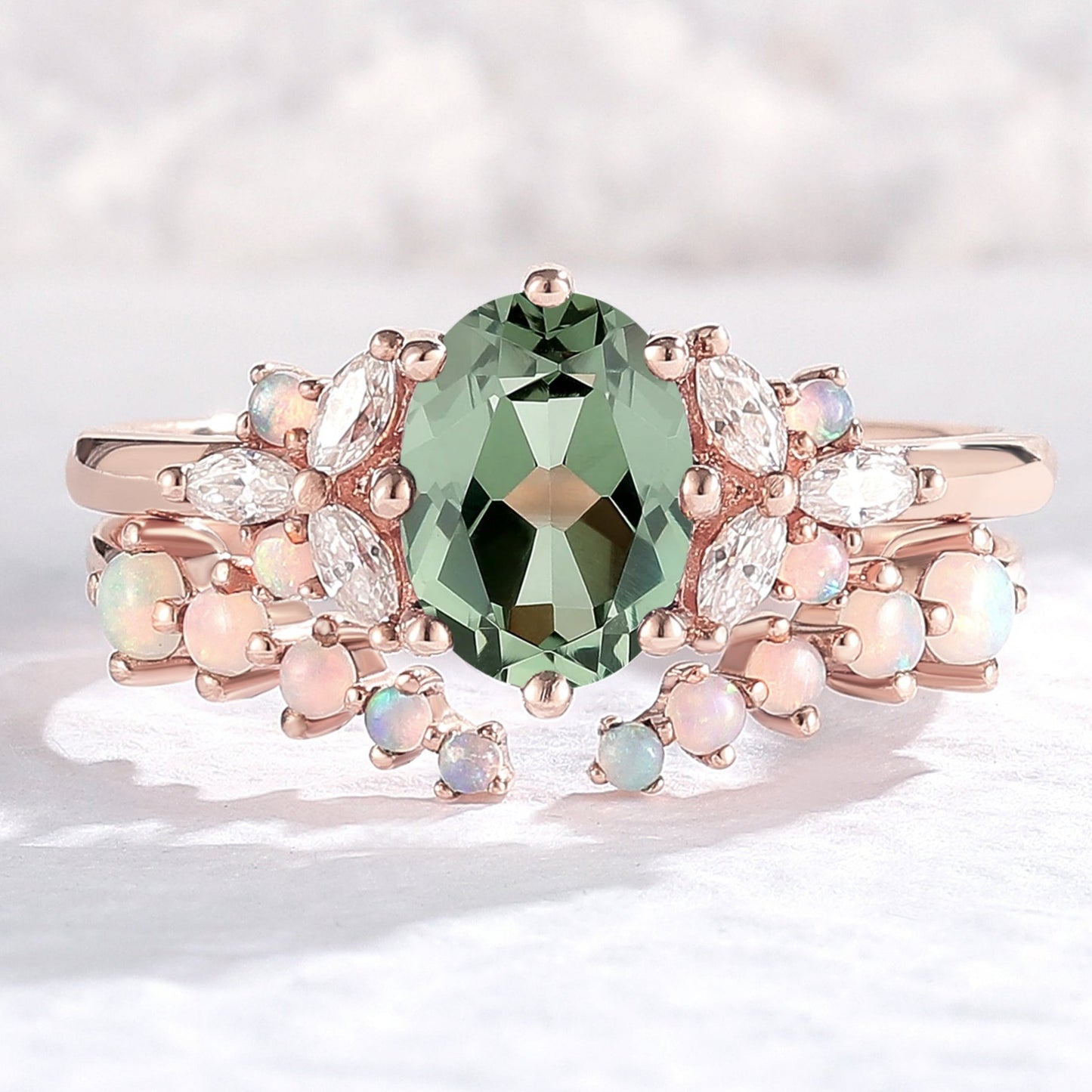 Unique Oval Cut Sapphire Cluster Gemstone Ring Set 2pcs