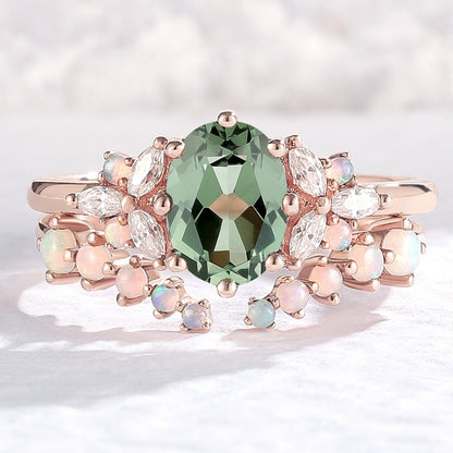 Unique Oval Cut Sapphire Cluster Gemstone Ring Set 2pcs