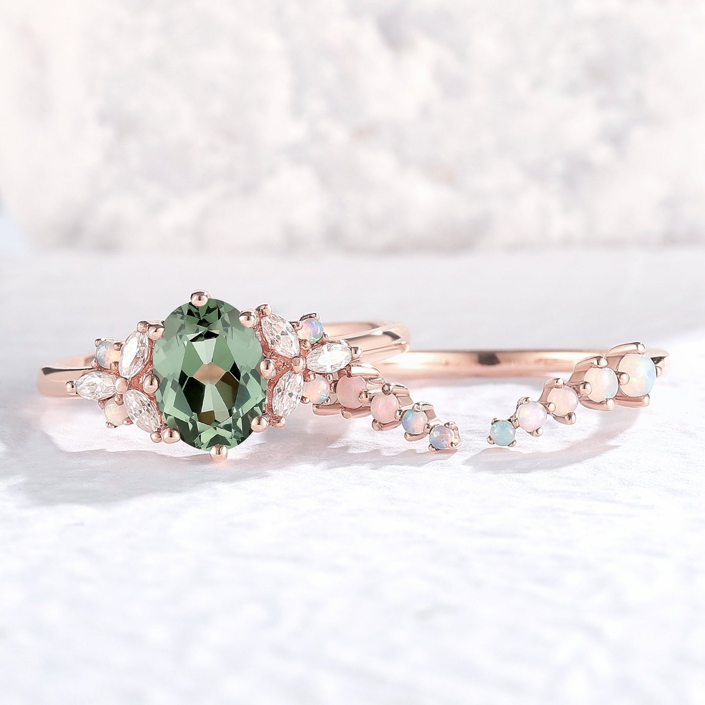 Unique Oval Cut Sapphire Cluster Gemstone Ring Set 2pcs