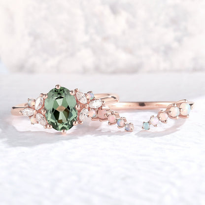 Unique Oval Cut Sapphire Cluster Gemstone Ring Set 2pcs