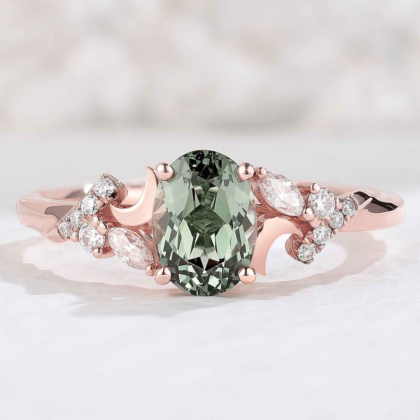 Unique Oval Green Sapphire Moon Gemstone Ring