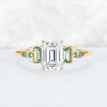 Unique Aveline Emerald Cut Moissanite and Green Sapphire Ring