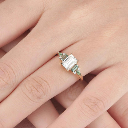 Unique Aveline Emerald Cut Moissanite and Green Sapphire Ring