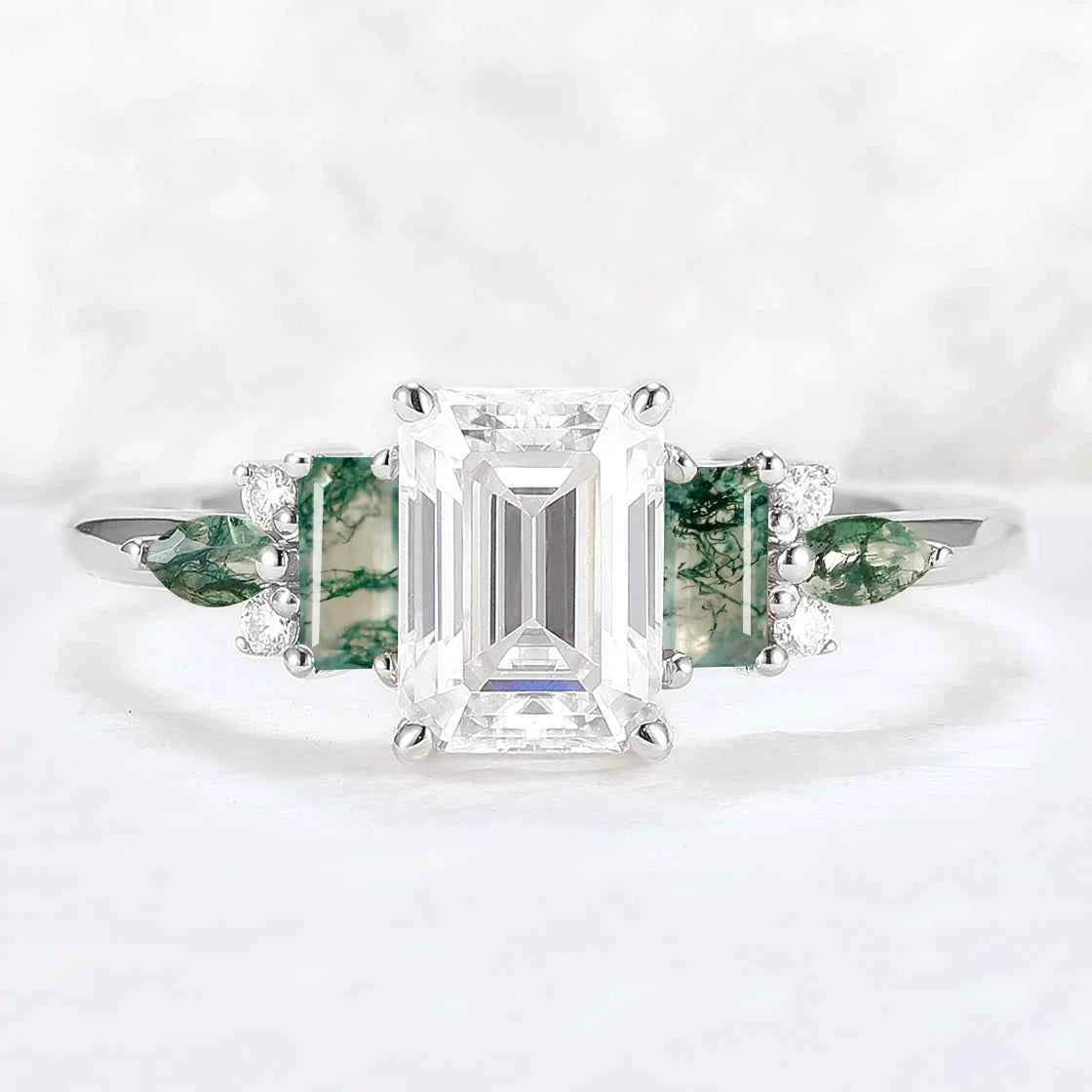 Unique Aveline Emerald Cut Moissanite and Moss Agate Ring