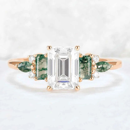 Unique Aveline Emerald Cut Moissanite and Moss Agate Ring