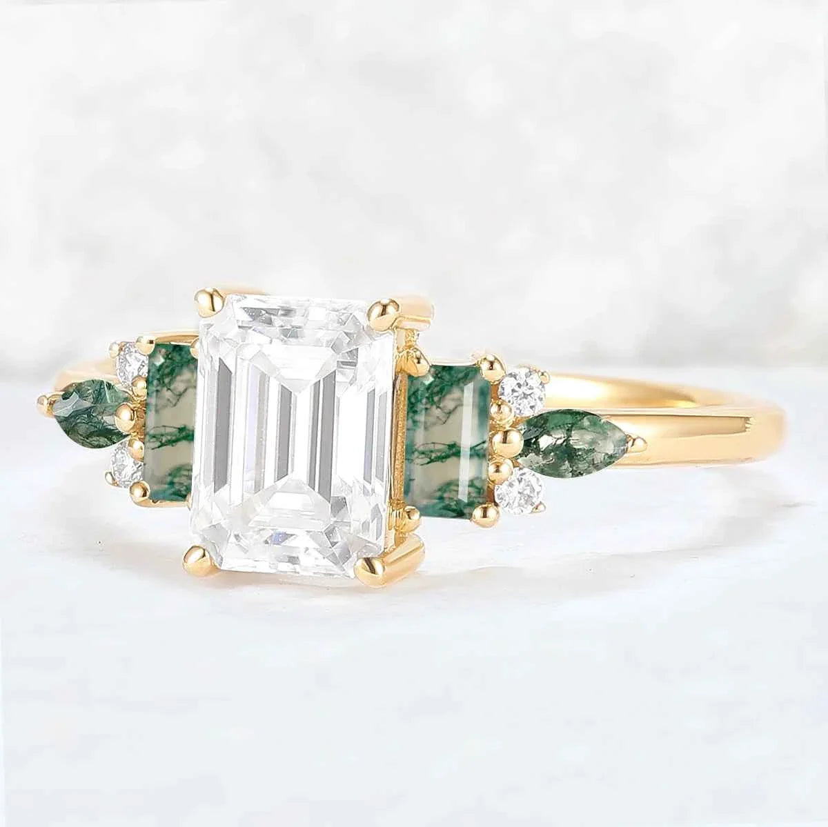 Unique Aveline Emerald Cut Moissanite and Moss Agate Ring