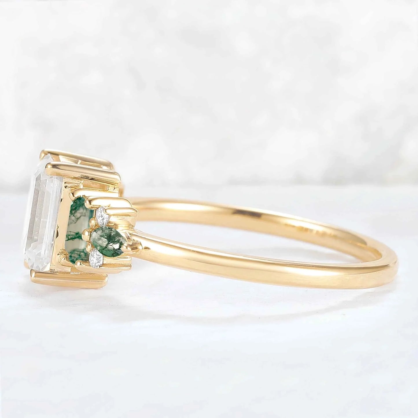 Unique Aveline Emerald Cut Moissanite and Moss Agate Ring