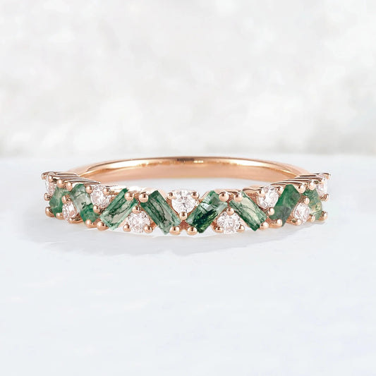 Unique Baguette Moss Agate Art Half Eternity Sterling Silver Stacking Ring