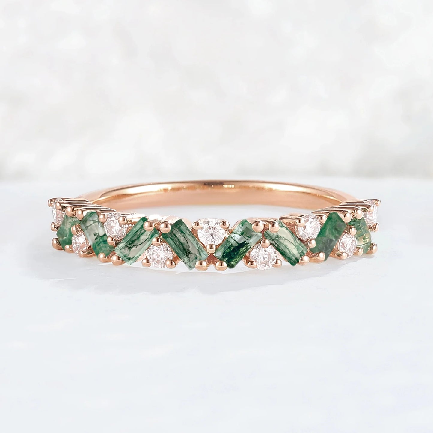 Unique Baguette Moss Agate Art Half Eternity Stacking Ring