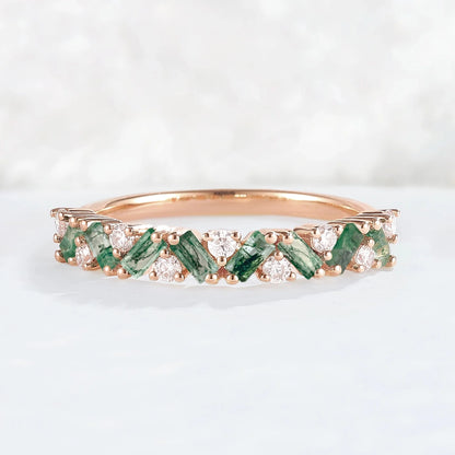 Unique Baguette Moss Agate Art Half Eternity Stacking Ring