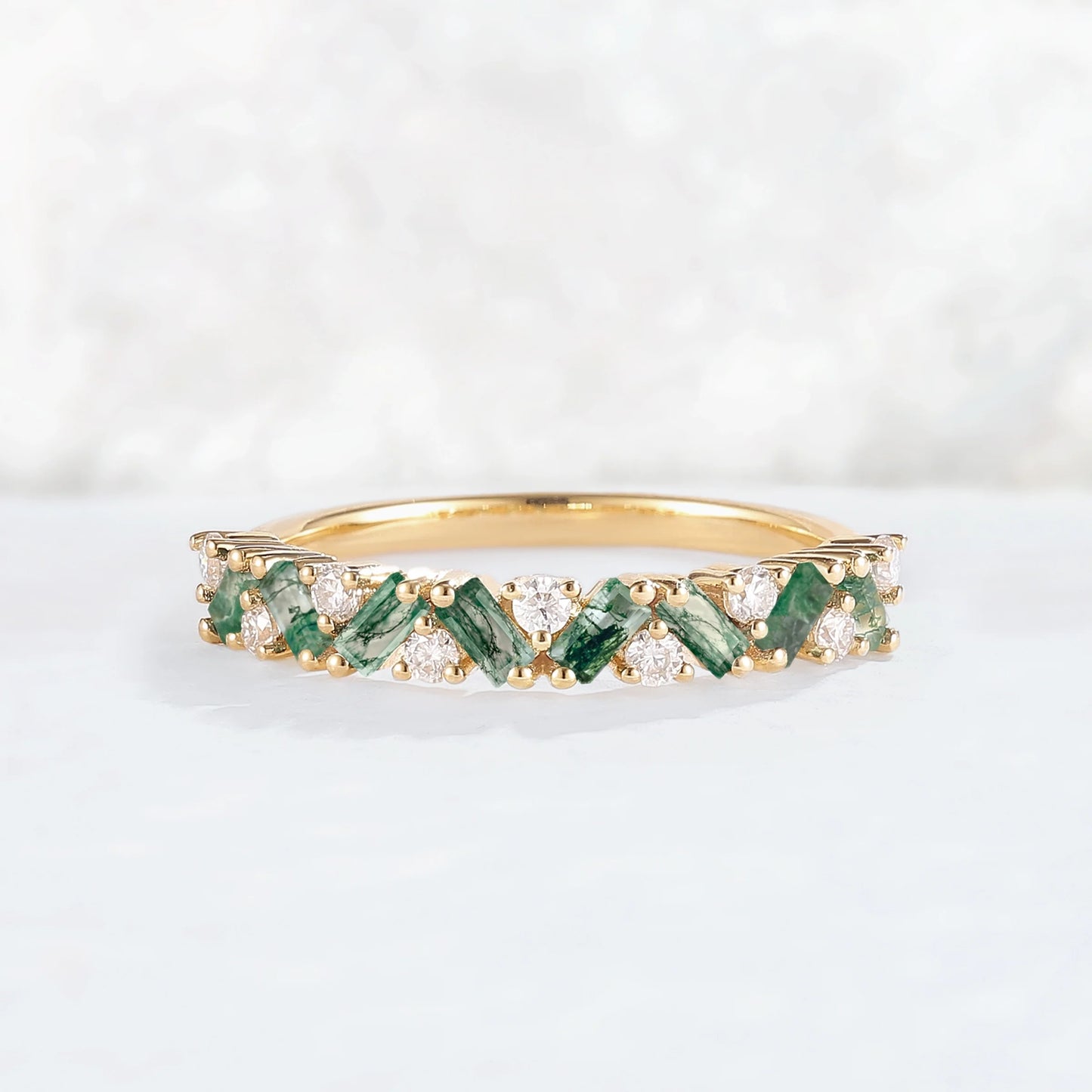 Unique Baguette Moss Agate Art Half Eternity Sterling Silver Stacking Ring