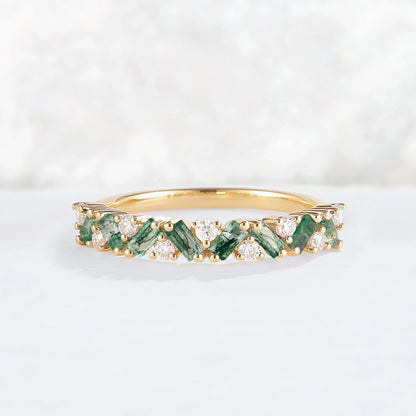 Unique Baguette Moss Agate Art Half Eternity Sterling Silver Stacking Ring