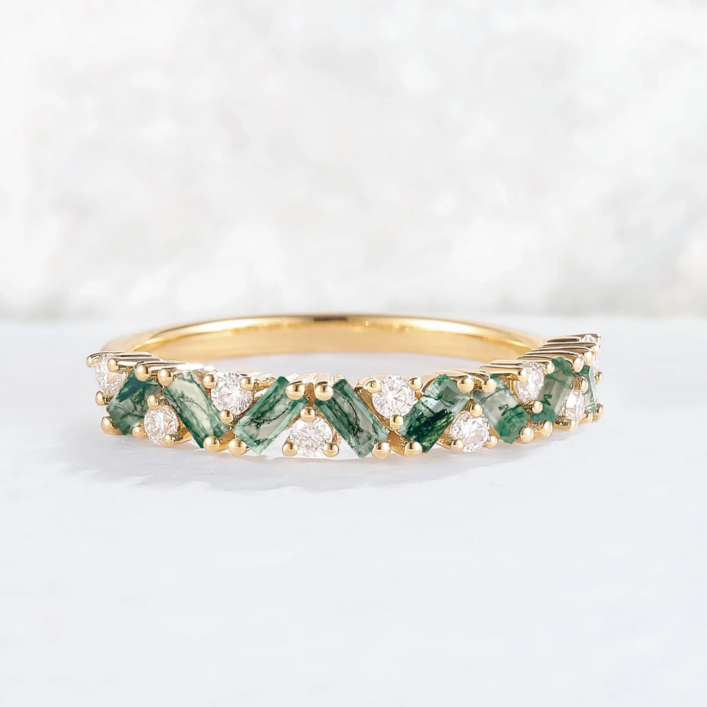 Unique Baguette Moss Agate Art Half Eternity Sterling Silver Stacking Ring