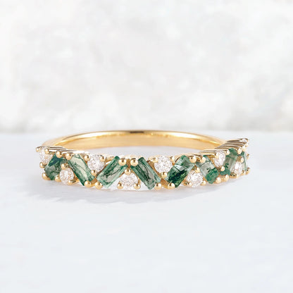 Unique Baguette Moss Agate Art Half Eternity Stacking Ring