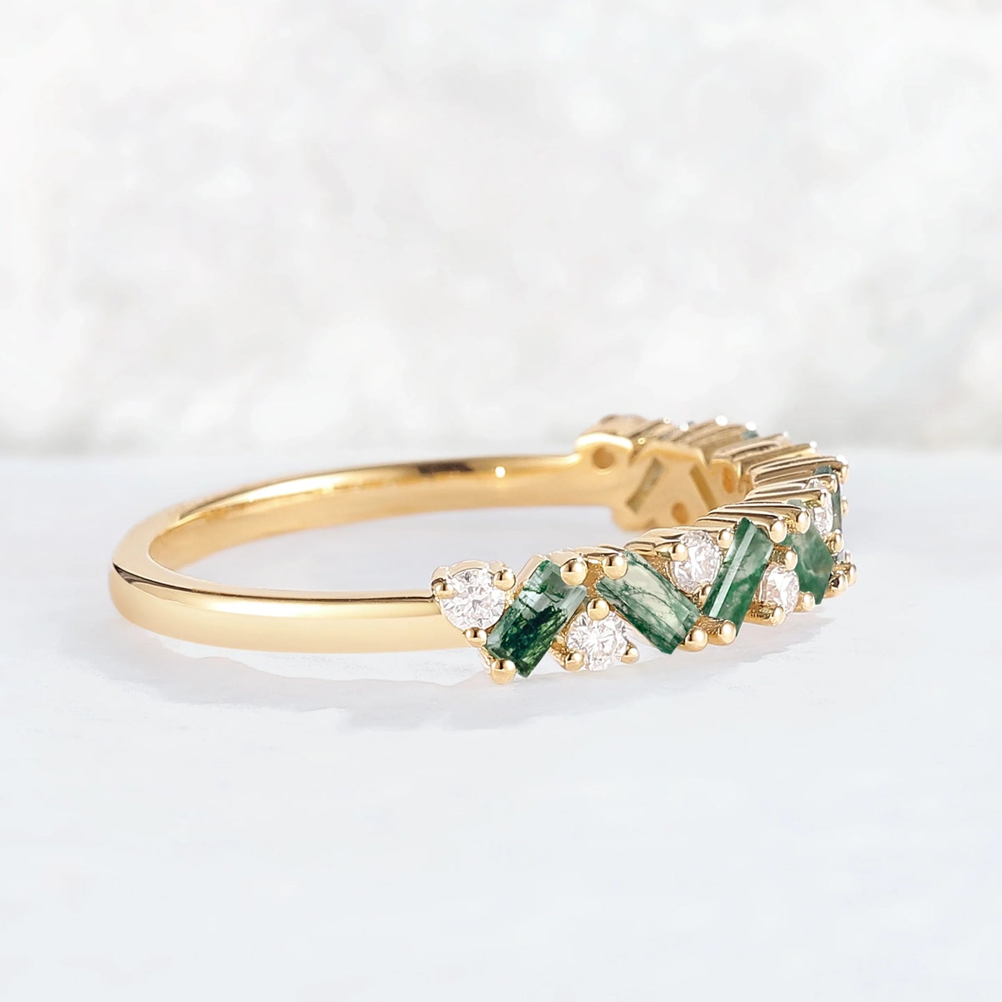 Unique Baguette Moss Agate Art Half Eternity Sterling Silver Stacking Ring