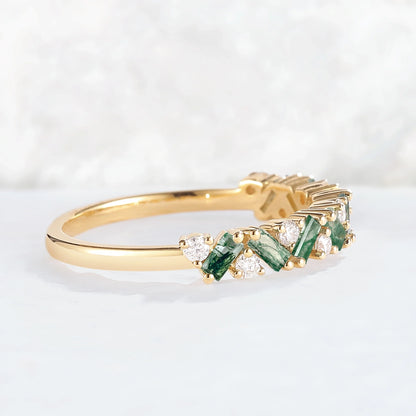 Unique Baguette Moss Agate Art Half Eternity Sterling Silver Stacking Ring