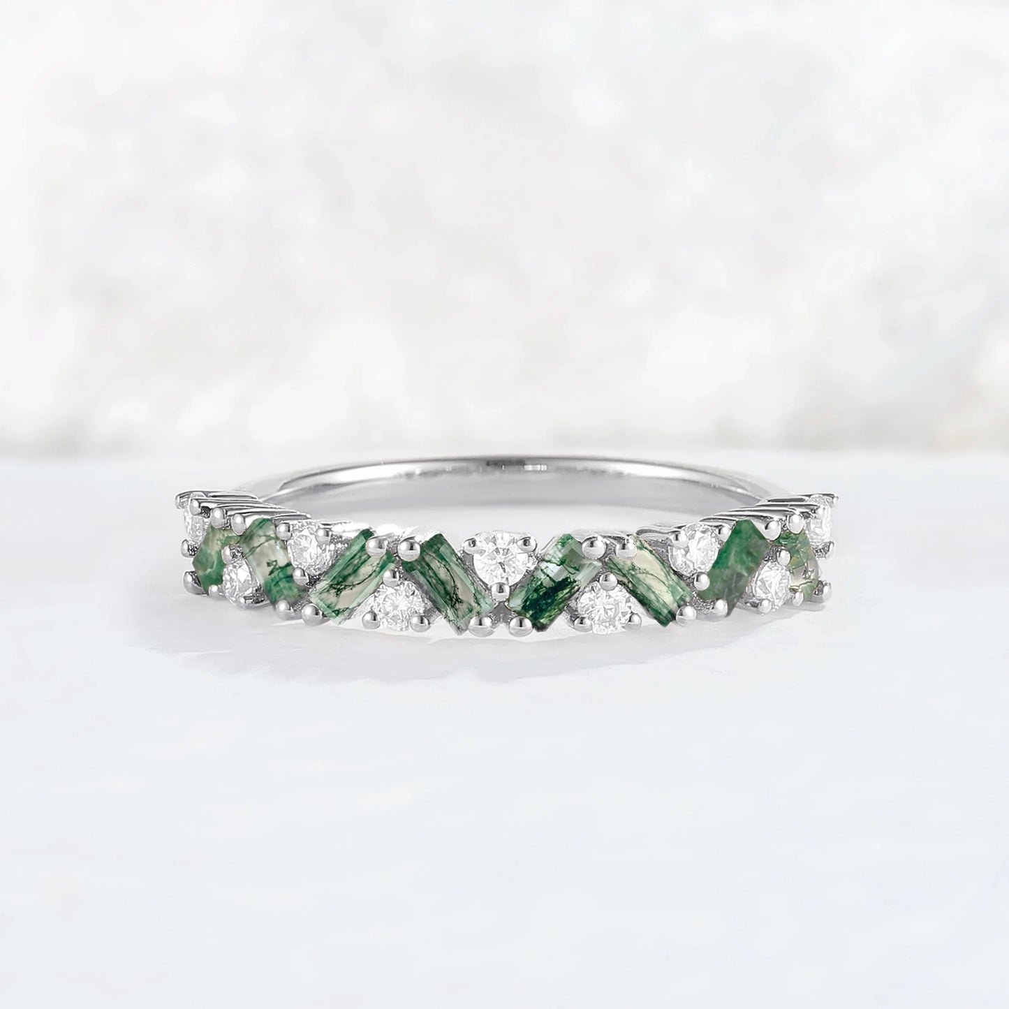 Unique Baguette Moss Agate Art Half Eternity Sterling Silver Stacking Ring