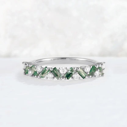 Unique Baguette Moss Agate Art Half Eternity Sterling Silver Stacking Ring