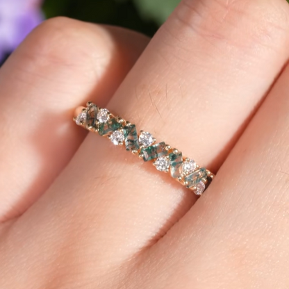 Unique Baguette Moss Agate Art Half Eternity Stacking Ring