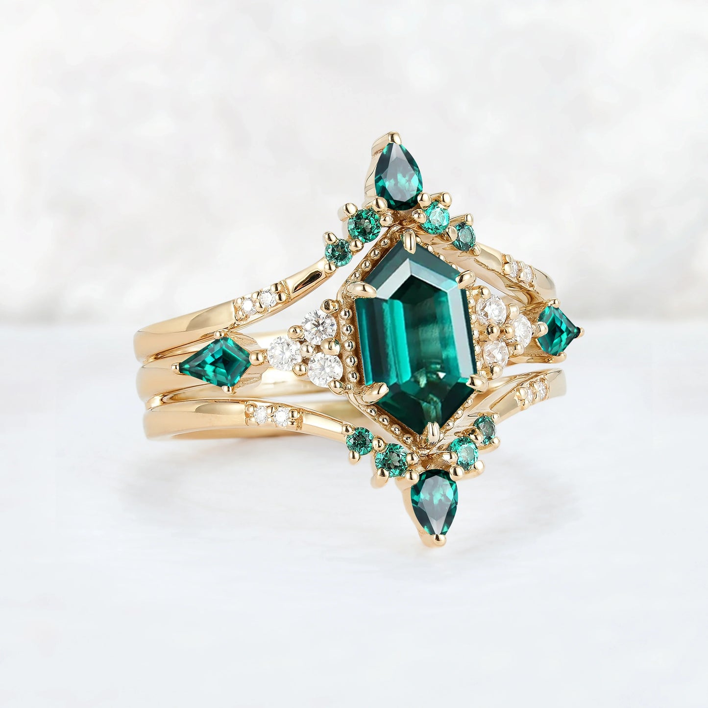 Unique Celtic Hexagon Cut Emerald Enhancer Gemstone Ring Set 2pcs