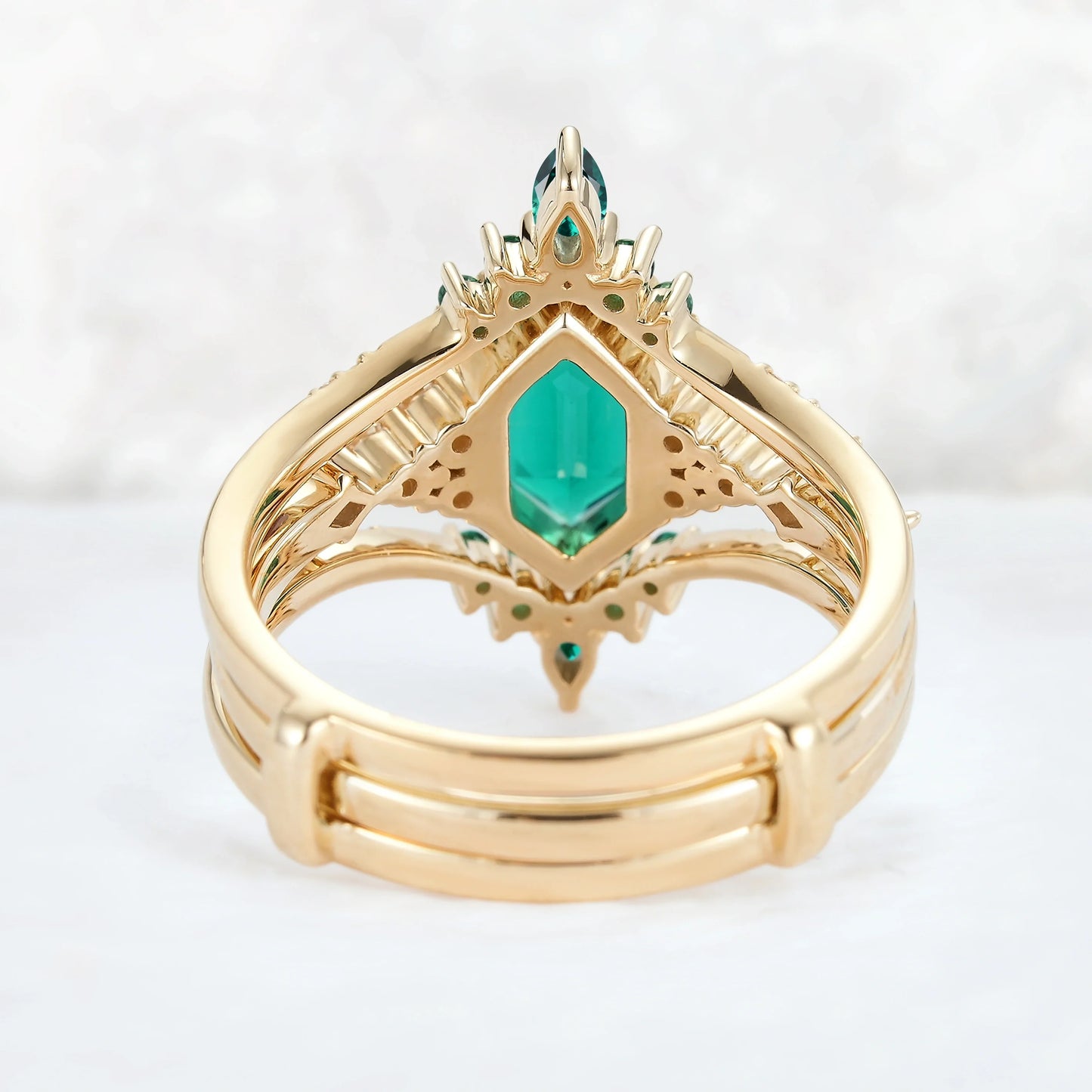 Unique Celtic Hexagon Cut Emerald Enhancer Gemstone Ring Set 2pcs